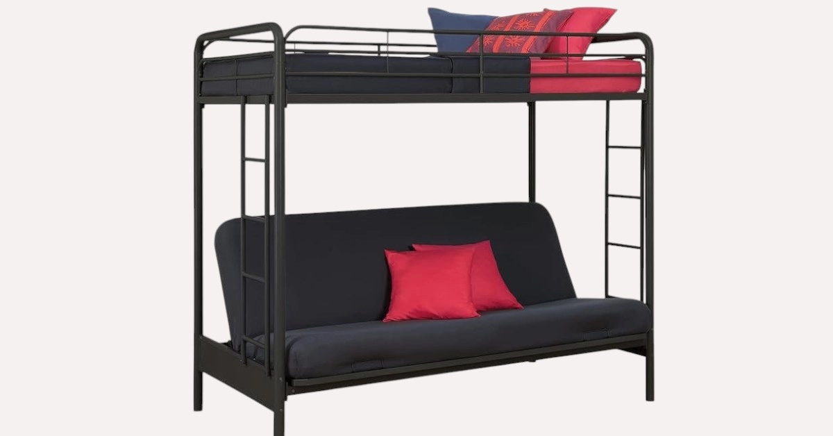 Convertible bunk bed couch with modern metal frame and space-saving design, ideal for small apartments or guest rooms.