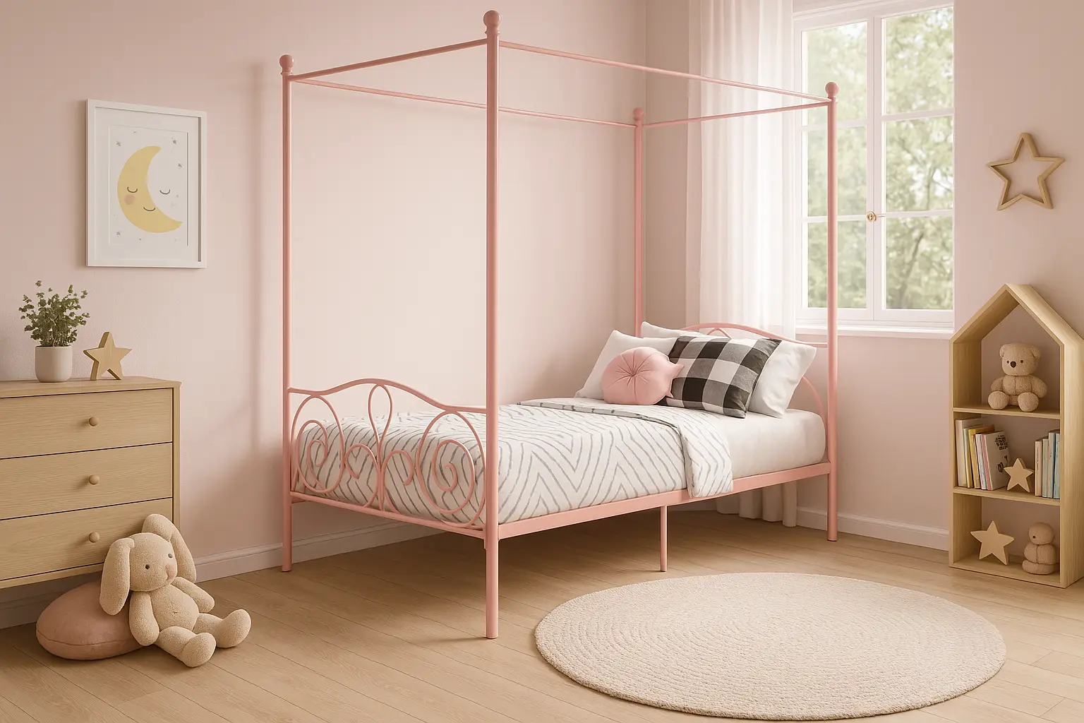 DHP Metal Canopy Kids Twin Bed in pink — A charming twin-size bed for dreamy and magical nights.
