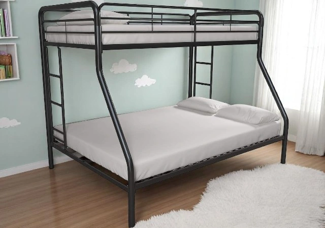 Modern full-size bunk bed with metal frame and ladder