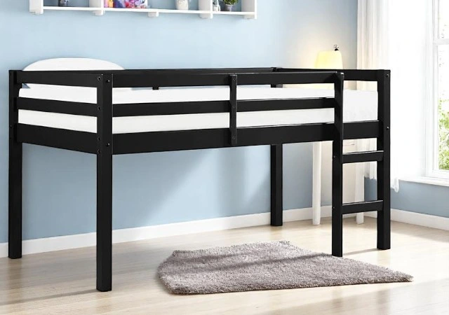 Full Bunk Bed - DHP Milton Twin Loft Bed in Black featuring solid wood frame, safety guard rails, and space-saving design for kids' bedrooms.