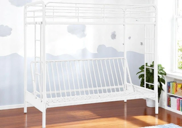 Metal full bunk bed with twin trundle and guardrails for safety

