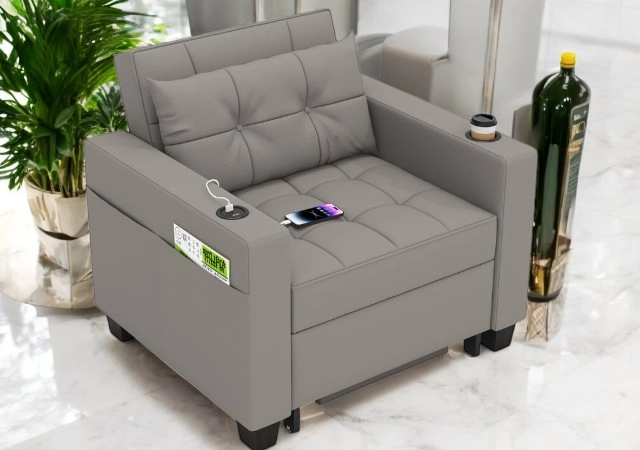 Transform your space effortlessly with the versatile Futon Chair Bed – a stylish, space-saving solution that converts from a cozy chair to a comfy bed, complete with USB ports, cup holders, and an adjustable backrest for ultimate comfort.