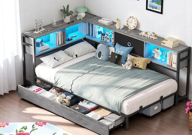 Hasuit Kids Twin Bed with built-in storage drawers, ideal for organized and space-saving bedrooms