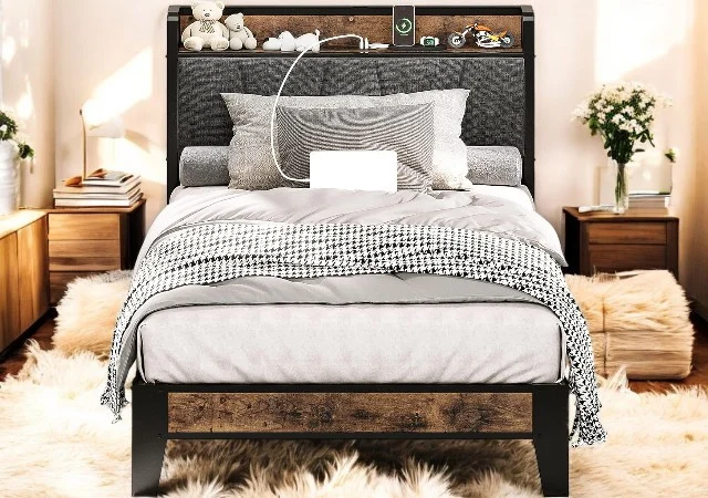 LIKIMIO Kids Twin Bed with storage headboard and built-in charging station for a functional and organized bedroom