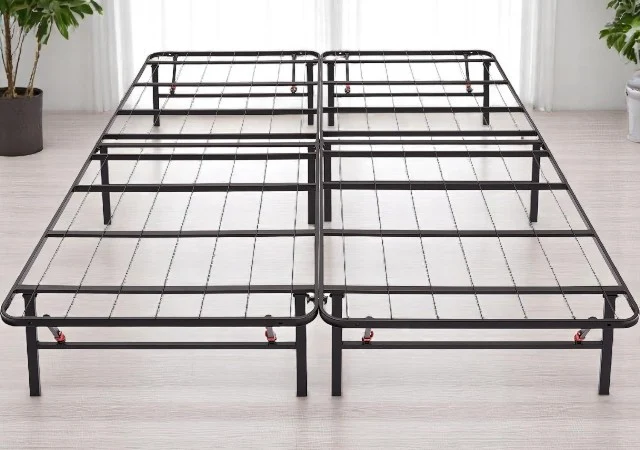 Amazon Basics 14-Inch Foldable Metal Platform Bed Frame in queen size, black steel construction with under-bed storage space