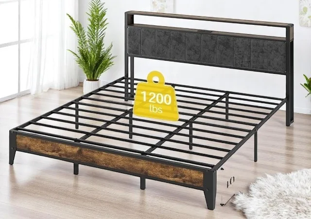 Heavy-duty steel king bed frame with headboard and footboard