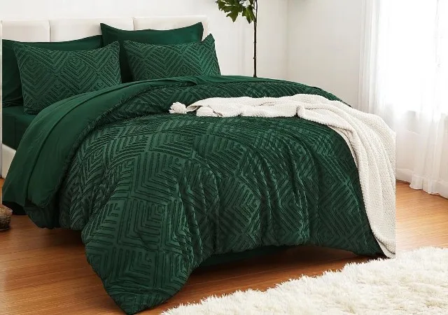 Andency 7-Piece Queen Comforter Set in Dark Emerald Green – Boho Style Green Bedding with Tufted Design, Pillowcases, Sheets, and Shams on a Modern Bed Setup