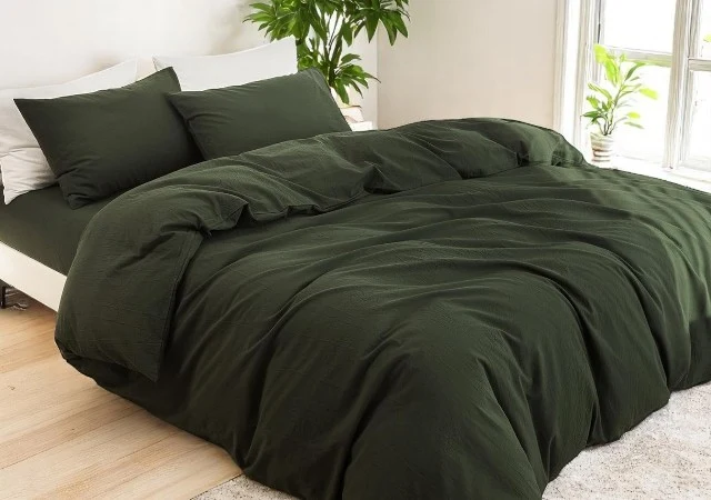 JIYUAN Olive Green Duvet Cover Set with Pillowcases – Washed Cotton Bedding for King Beds