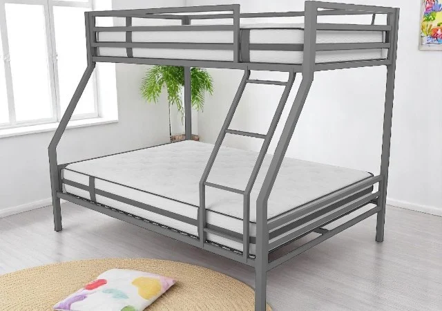 Novogratz Maxwell full over twin bunk bed in gray metal with angled ladder and top bunk safety guardrails, perfect for kids' or teens' room