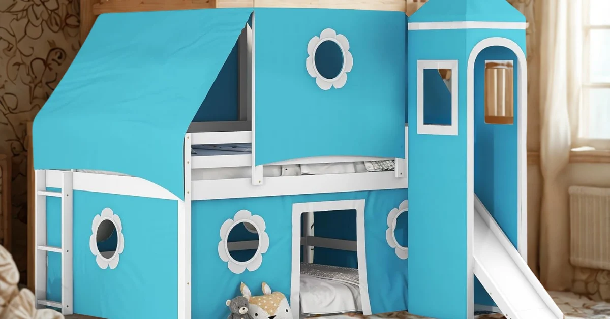 Whimsical castle bed for kids with slide and canopy in a fairy-tale themed bedroom