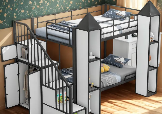 Harper & Bright Metal Castle Bed –Twin bunk bed with built-in wardrobe and castle-shaped frame in gray.