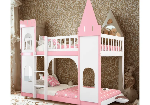 Harper & Bright Pink Castle Bed – Pink twin bunk bed with princess castle design and windows.