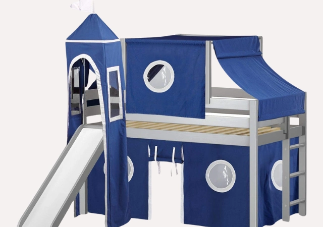 JACKPOT! Castle Loft Bed – Twin castle bed with blue slide and play tent.