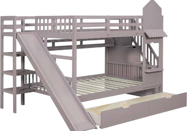 Merax Full Castle Bed – Full-size castle bunk bed with slide, stairs, and drawer storage.